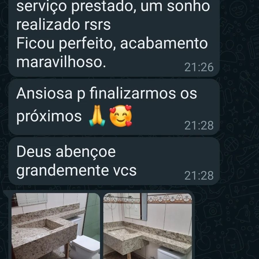 Print de conversa no WhatsApp: cliente diz que ficou perfeito, acabamento maravilhoso